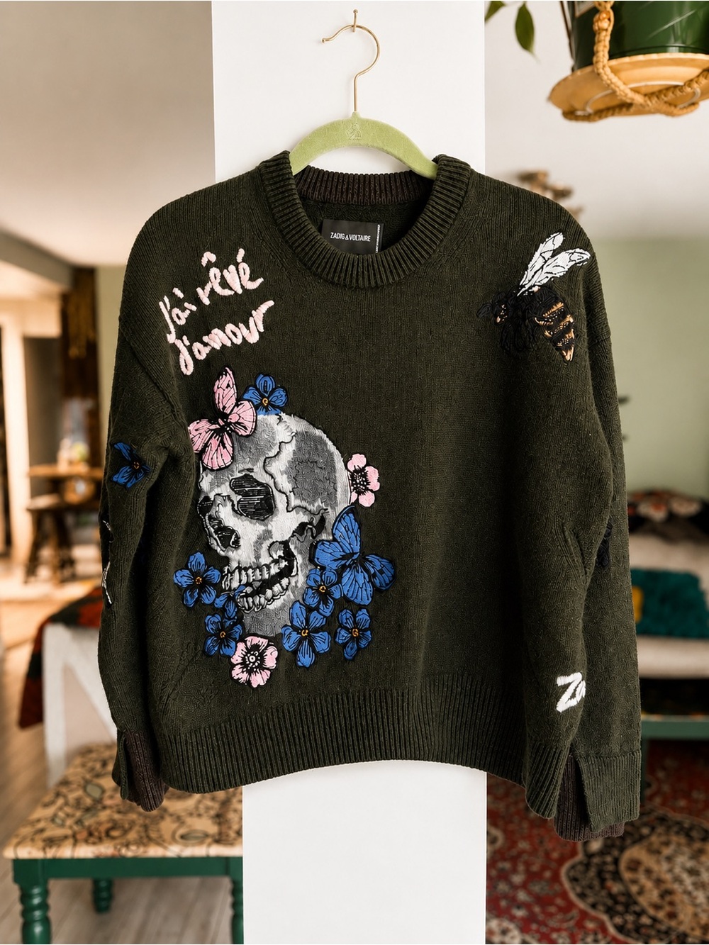 Zadig & Voltaire Markus Tattoo Embroidered Skull Cashmere Sweater Green L